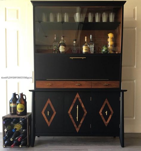 Swanky Bar, Mid Century Modern China Cabinet, China Hutch Makeover, China Hutch Decor, Modern China Cabinet, China Cabinet Redo, Gel Stains, China Cabinet Makeover, Redo Cabinets