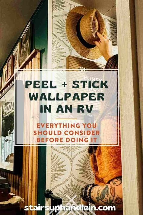 Peel and Stick Wallpaper in an RV? What You Need to Know! — Stairs Up - Handle In: Full-Time RV Life Wallpaper Rv Interior, Peel And Stick Wallpaper In Rv, Wallpaper Rv Walls, Wallpaper In Camper, Camper Wallpaper Ideas, Rv Wallpaper Makeover, Wallpaper In Rv, Small Camper Makeover, Glamping Diy