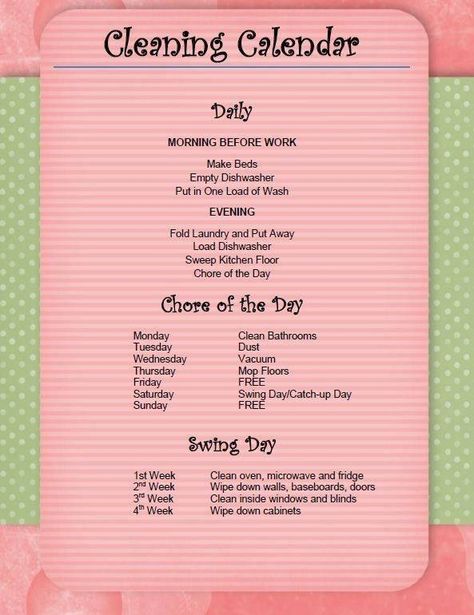 This is funny to me! I do the swing chores weekly (most of them), bathrooms daily, vacuum daily, multiple loads of laundry daily. Maybe I just have dirty kids?!? Or this was designed did someone who doesn't have young kids?! Cleaning Calendar, Cleaning Ideas, Chore Chart, Cleaning Schedule, E Card, Diy Cleaning Products, Cleaning Organizing, How To Make Bed, Spring Cleaning