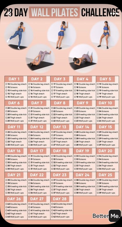 Wall Pilates Challenge, Pilates Workout Plan, Beginner Pilates, Wall Pilates, Pilates Challenge, Wall Workout, Pilates For Beginners, Trening Fitness, Workout Without Gym