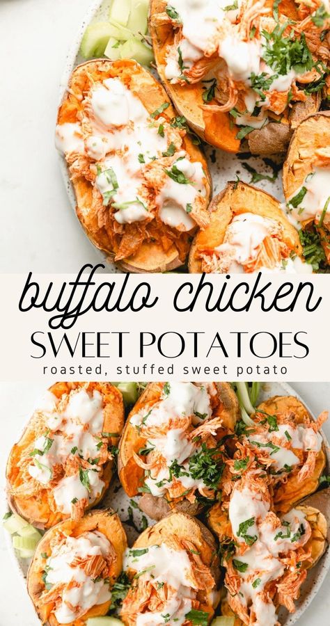 Healthy Shredded Buffalo Chicken in Sweet Potatoes Buffalo Chicken Stuffed Yams, Chicken Yams Recipe, Chicken And Yams Recipes, Stuffed Yams, Buffalo Chicken Stuffed Sweet Potatoes, Wraps Ideas, Shredded Buffalo Chicken, Buffalo Chicken Recipes, Stuffed Sweet Potatoes