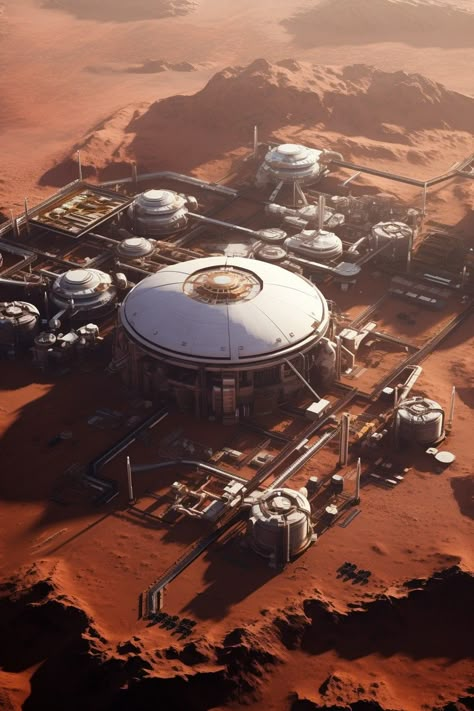 Mars Base Concept Art, Futuristic Mars Colony, Planet Colony Concept Art, Mars Colony Concept Art, Mars Sci Fi, Sci Fi Colony, Mars Concept Art, Space Colony Concept, Starship Interior