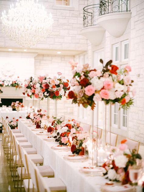 Red Pink And Cream Wedding, Red Pink White Green Wedding, Red White Pink Wedding, Red And Blush Wedding, Red Pink Wedding, December Wedding Colors, Wedding Table Decorations Pink, Red Wedding Receptions, Red And Pink Wedding