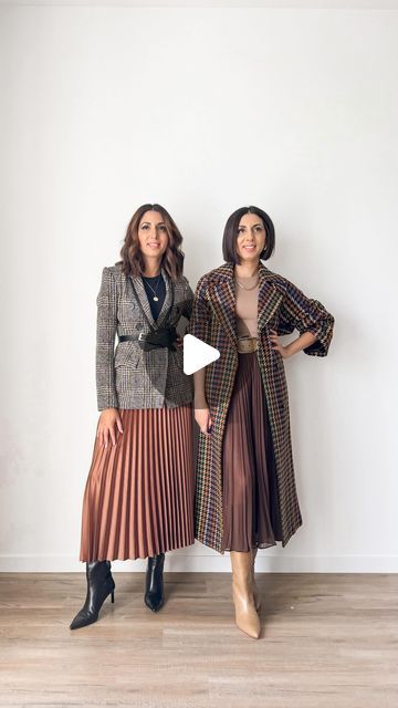 Puneet Brar & Suneet | Canadian 🇨🇦 | Twins on Instagram: "Styling a pleated midi skirt this fall-

This Skirt style has been trending for a while and what’s amazing is it flatters every body type

There are many fun and cozy ways to style this skirt with chunky sweaters to leather jackets, blazers or long coats! Enjoy

Tan Boots @poppybarley
Houndstooth coat @espyexperiece 
Crop top @pumiey.us 
Black bodysuit @aritzia 
Tan Belt @braveleather 
White Sneakers @fitflopcanada 
Skirt (old)

White sneaker @fitflopcanada 

#thestylisttwins #yycstylist #winter2024 #ootd #fashiontoday #outfitoftheday #canadianmoms #yycinfluencer #casualwear #workwear
#leatherbelt #yycstylist #personalshoppers #fall2024 #skirtoutfit2024" Brown Pleated Skirt Outfit, Pleated Skirt And Sweater, Pleated Skirt Winter, Bodysuit Aritzia, Brown Pleated Skirt, Chunky Sweaters, Skirt Winter, Pleated Skirt Outfit, Tan Belt