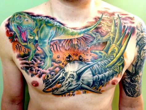 The finished dinosaur chest tattoo. #tattoos #dinosaurs #fishladdertattoo #chestpiece Dinosaur Back Tattoo, Dinosaur Chest Tattoo, Dinosaur Bone Tattoo, Dinosaur Bones Tattoo, Pachycephalosaurus Skull Tattoo, Ladder Tattoo, Pieces Tattoo, Chest Piece Tattoos, Chest Piece