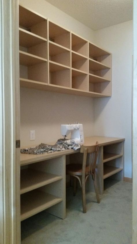 Sewing Room In A Closet, Walk In Closet Craft Room Ideas, Walk In Craft Closet, Custom Sewing Room, Closet Sewing Space, Walk In Closet Craft Room, Closet Repurpose Ideas, Sewing Closet Ideas, Crafting She Shed