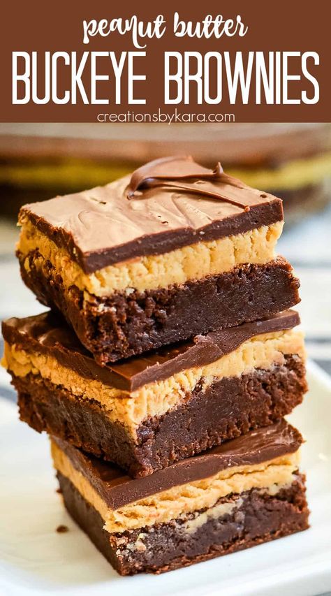 Love the combination of chocolate and peanut butter? These Buckeye Brownies are the perfect dessert for you. Get ready to indulge in pure deliciousness! #buckeyebrownies #chocolatepeanutbutter @Creations by Kara Easy Buckeye Brownies, Peanut Butter Brownie Recipes, Buckeye Desserts, Chocolate And Peanut Butter Desserts, Peanut Butter Chocolate Desserts, Brownie Flavors, Buckeye Bars Recipe, Buckeye Brownies Recipe, Peanut Butter Brownie Bites