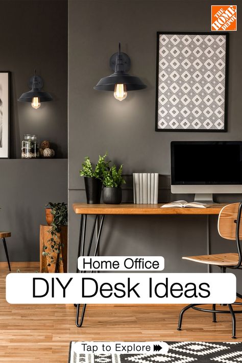 Transform the look of your home office by building a custom desk. Explore creative and functional ways to make this piece uniquely yours using this guide from The Home Depot. Tap to start your project now. Desk Wall Organization, Office Addition, Design Office Interior, Trendy Desks, Library Project, Off White Wallpapers, Contemporary Office Design, Best Home Office, Home Office Decorating Ideas