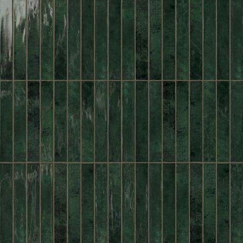 Jaden 2.5x16 Glossy Ceramic Tile in Hunter Dark Green Tile Fireplace, Green Finger Tile Bathroom, Green Glazed Tiles, Material Texture Architecture, Green Tile Grout, Green Tile Backsplash Kitchen, Green Bathroom Tile Ideas, Emerald Green Bathroom, Dark Green Tile