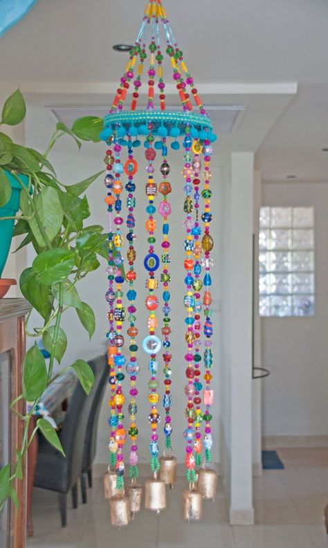 Garden Alcove, Bright Color Decor, Wind Chimes Homemade, Colorful Bohemian, Diy Wind Chimes, Bead Charms Diy, Bohemian Colors, Focal Beads, Beaded Curtains