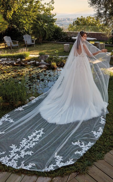 Cathedral Veil With A Line Dress, Cathedral Veil Wedding Photos, Eddy K Wedding Dress, Flowy Gown, Eddy K, Cathedral Wedding Veils, Aline Wedding Dress, Cathedral Veil, Designer Bridal Gowns