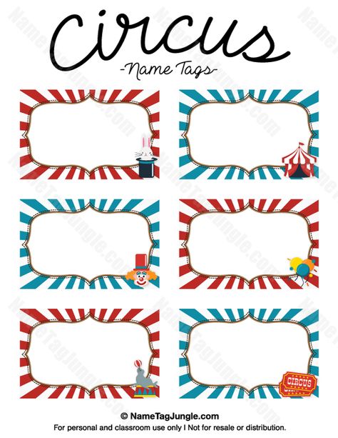 Free printable circus name tags. The template can also be used for creating items like labels and place cards. Download the PDF at http://nametagjungle.com/name-tag/circus/ Circus Vbs, Kids Name Tags, Carnival Printables, Circus Printables, Carnival Classroom, Circus Classroom, Nametags For Kids, Name Tag Templates, Carnival Birthday Party Theme