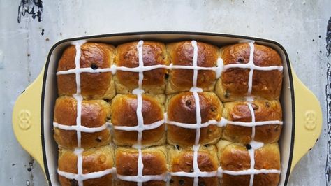 Hot Cross Buns Recipe | Bon Appetit Hot Cross Bun Recipe, Cross Buns Recipe, Hot Cross Buns Recipe, Hot Cross Bun, Yeast Breads, Buns Recipe, Tea Party Food, Candied Fruit, Bread Making