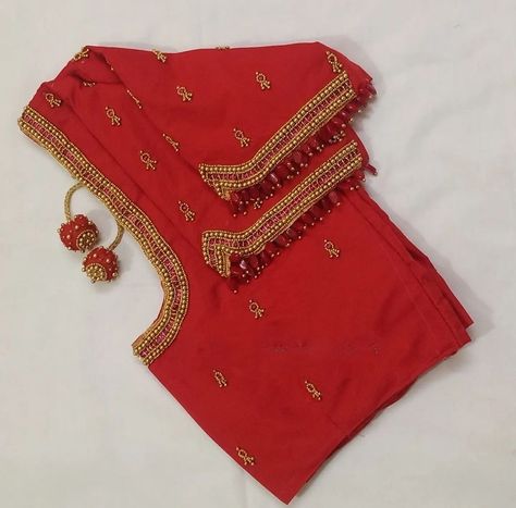 Red Blouse Design, Hands Design, Blouse Ideas, Aari Designs, Aari Blouse, Simple Work, Hanging Beads, Aari Work Blouse, Hand Work Blouse