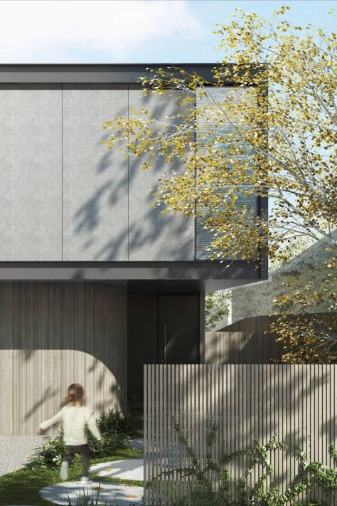 An inner-city freestanding townhouse, featuring an open-tread staircase and curved walls which maximise a sense of space and light. The ground floor living spaces are accessed by a curved timber entry wall, with a cantilevered steel upper floor. #architect #builder #melbourne Feature Staircase, Cubes Architecture, Floor Living, Build Home, Facade Architecture Design, Entry Wall, Modern Exterior House Designs, Duplex House Design, Green Street