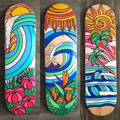 Original hand painted skateboard art Geometric Skateboard Design, Custom Painted Skateboard Decks, Skate Deck Art Ideas, Posca Surfboard, Drawing On Skateboard, Long Board Designs, Skate Board Designs, Skateboard Art Design Ideas, Skateboard Decks Design