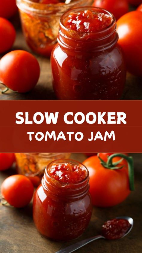 This deep red tomato jam will be so pretty and festive on your table, made in the slow cooker using tomatoes, brown sugar, lemon juice, cinnamon, and cloves. Tomato Jam Recipe Crockpot, Tomato Jam Recipe Easy, Tomato Jam Recipe, Canned Food Storage, Tomato Jam, Slow Cook, Red Tomato, Jams & Jellies, Canned Food