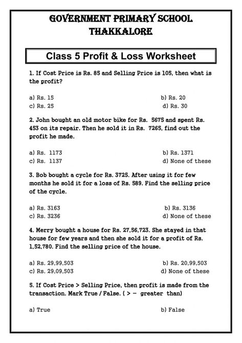 Profit and loss activity Profit And Loss Worksheets For Grade 5, Profit Loss Worksheet, Grade 5 Math Worksheets, 7th Grade Math Worksheets, Math Examples, Area Worksheets, Math Hacks, Maths Worksheet, Rat House