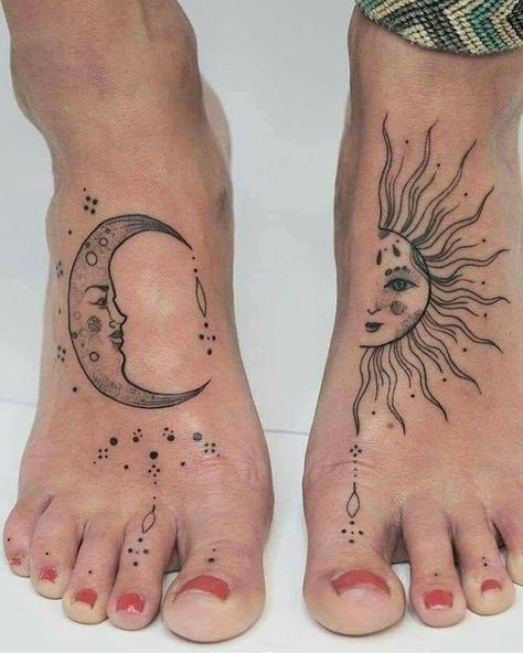 Feet Tattoo Ideas, Tattoo Ideas Foot, Foot Tattoo Designs, Tattoo Foot, Hippie Tattoo, Moon Tattoos, Foot Tattoos For Women, Sun Tattoos, Arm Tattoos For Women