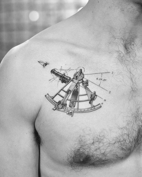 Surveyor Tattoo Ideas, Sextant Tattoo, Moving On Tattoos, Wanderlust Tattoo, Tool Tattoo, Lighthouse Tattoo, Dot Tattoos, Nautical Tattoo, Amazing Tattoos