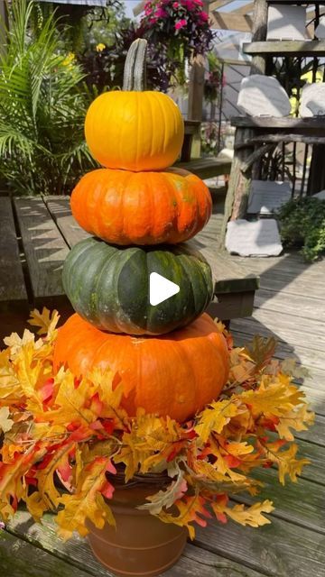 Home Decor, Plants, Boutique on Instagram: "Exciting news! Our stacking pumpkins have just arrived, and we can’t wait to bring a new level of visual interest to your front porch or patio. By creatively stacking these pumpkins three or four high, we’re adding a touch of whimsy and charm to your outdoor space that will surely captivate your neighbors and passersby this Halloween season." Pumpkin In Planter Front Porches, Stacked Pumpkins For Front Porch, Front Porch Bench Decor, Front Porch Bench, Porch Bench, Bench Decor, Stacked Pumpkins, Spooky Decor, Exciting News