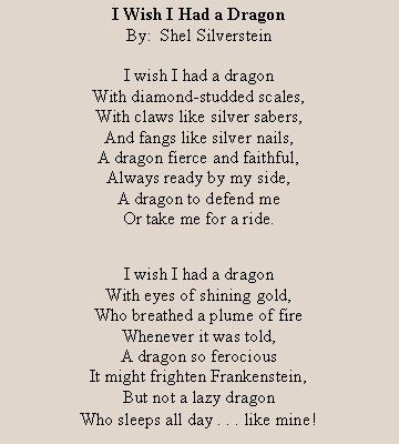 Dragon Poetry, Poem Kindergarten, Dragon Poems, Choral Reading, Funny Poems For Kids, Silverstein Poems, Poetry Teatime, Shel Silverstein Poems, Childrens Poems