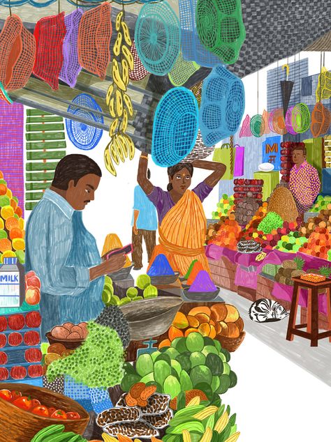 Indian Market Illustration, South Indian Illustration, Tamil Illustration, Farming Illustration, Market Drawing, Delhi Art, Market Painting, Indian Illustration, Indian Arts And Crafts