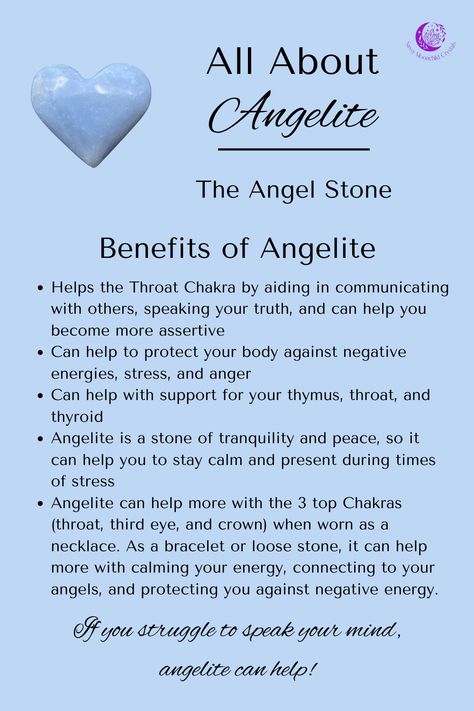 Angelite got its name because it is a very helpful stone for connecting with your own personal angel guides. Angelite Properties, Angelite Crystal, Throat Chakra Healing, Crystal Healing Chart, Crystal Meditation, Angel Guide, Crystals Healing Properties, Spiritual Crystals, Spiritual Manifestation