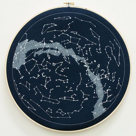 Embroidered Constellations, Cheyenne Aesthetic, Galaxy Embroidery, Constellation Quilt, Space Embroidery, Wall Hanging Embroidery, Hanging Embroidery, Rose Embroidery Pattern, Constellation Map