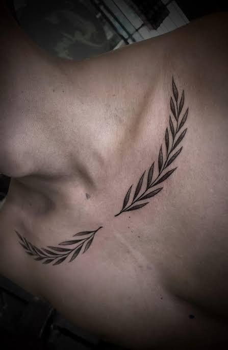 Chest Branch Tattoo, Leaf Neck Tattoo Men, Roman Leaves Tattoo Men, Colar Bone Tattoo Men Minimalist, Greek Leaves Tattoo Chest, Vine Collar Bone Tattoo Men, Olive Branch Tattoo Chest, Leaf Chest Tattoo Men, Chest Leaves Tattoo