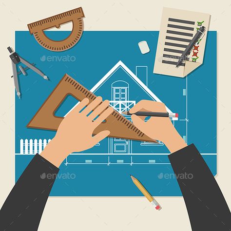 Architect at Work Blueprint Building, Drawing Engineering, Engineer Cartoon, Drawing Equipment, Engineering Equipment, Simple Vector Illustration, Presentation Pictures, Math Quotes, Interior Architecture Drawing