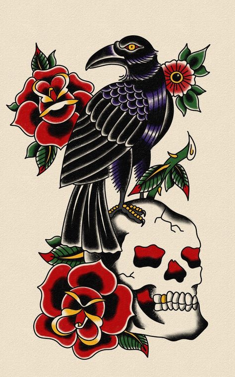 Crow Skull Tattoo Traditional, American Traditional Raven Tattoo, Raven Tattoo Traditional, Raven Traditional Tattoo, Traditional Sugar Skull Tattoo, Traditional Skeleton Tattoo, Traditional Raven Tattoo, Traditonal Tattoo, Small Traditional Tattoo