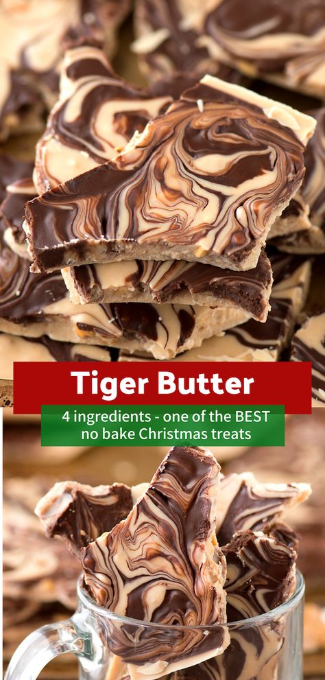 This 4 ingredient tiger butter bark is highly addictive and receives tons of compliments! It’s everyone’s favorite Christmas candy, add it to a cookie plate! Only takes 10 minutes to make. #tigerbutter #christmascandy #christmasnobake Tiger Butter, Christmas Bark Recipes, Butter Candy, Dessert Halloween, Christmas Candy Recipes, Candy Recipes Homemade, Dessert Party, Bark Recipe, Almond Bark