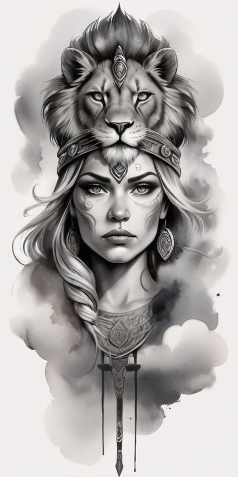 Women With Lion Head Tattoo, Lion And Woman Tattoo, Woman Lion Tattoo, Girlhead Tattoo, Lion Head Tattoo Design, Native American Chief Tattoo, Head Tattoo Design, Female Lion Tattoo, Headdress Tattoo