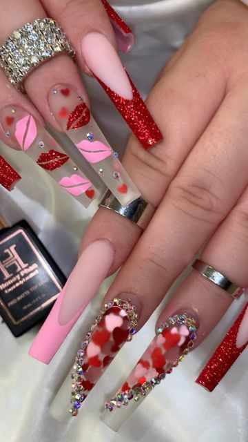 Valentine’s Day Nail Designs 2023, Valentines Nails Encapsulated, Bling Valentines Nails, Encapsulated Heart Nails, Encapsulated Heart Acrylic Nails, Valentines Day Nails Encapsulated, Valentines Day Nails Extra, Valentines Nail Set, Valentine’s Day Encapsulated Nails