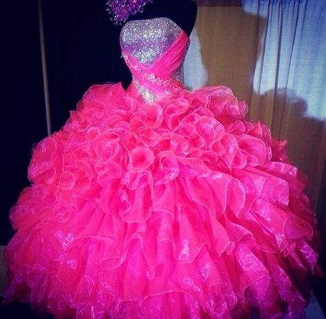 Hot pink drees 15 Dresses Quinceanera Pink, Glitter Quinceanera Dresses, Prom Dresses Custom, Cheap Quinceanera Dresses, Quinceanera Pink, Strapless Organza, Fluffy Dress, Sweet 15 Dresses, 15 Dresses Quinceanera