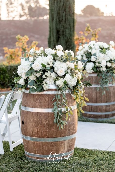 Classic & Elegant Wine Barrel With Flowers Wedding, Wedding Inspo Ceremony Decor, Wine Barrel Ceremony Decor, Wine Barrel Wedding Aisle, Barrels With Flowers Wedding, Wine Barrel Flower Arrangements Weddings, Whiskey Barrel Flowers Wedding, Wedding Flowers On Barrels, Wedding Flowers Wine Barrels