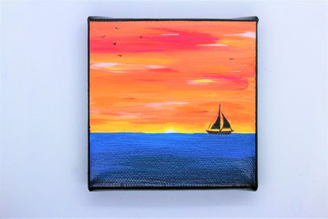 Mini canvas with an acrylic painting of an orange sunset and blue sailing boat on the sea https://www.etsy.com/uk/listing/861131121/mini-acrylic-painting-of-sailing-boat Small Sailing Boat, Colourful Sunset, Boat Silhouette, Drawing Sunset, Sunset Sailing, Sunset Canvas Painting, Paintings Ideas, Simple Canvas Paintings, Orange Sunset