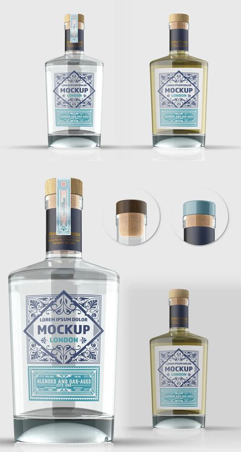 Clear Glass Gin Bottle MockUp. PSD. High Resolution 5000 × 4279 px. Organized and named layers. 300 PPI. Gin Label, Gin Bottle, Gin Bottles, Design Label, Notes Design, Bottle Mockup, Bottle Labels, Mockup Psd, Label Design