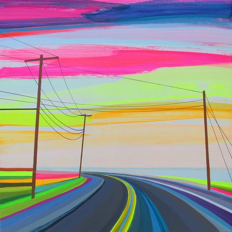 Neon Sunsets and Technicolor Landscapes Painted by Grant Haffner | Colossal Grant Haffner, Artist Grants, Road Painting, Neon Painting, Power Lines, Colossal Art, Arte Inspo, Sunset Painting, Neon Art