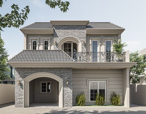 THE VILLA on Behance Classical House Elevation, Classic Elevation Design, Classic House Design Exterior, Classic Elevation, Home Styles Exterior, 2 Storey House Design, Bungalow Style House Plans, Classical House, House Outer Design