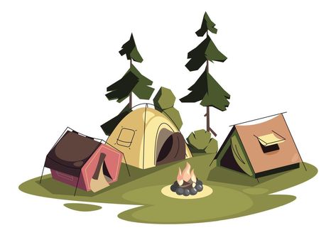 Forest camping with tents. Cartoon summer trekking concept with camping in the woods, outdoor glade with tents and fire. Vector illustration Camping Vector Illustration, Summer Vector Illustrations, Camping Illustration Graphics, Summer Camp Illustration, Tent Illustration, Tent Drawing, Camping Vector, Camping Cartoon, Camping Illustration