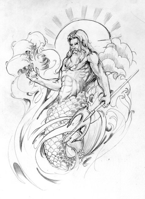 Poseidon Tattoo Sleeve Element by ~BeniaminoBradi on deviantART Poseidon Drawing, Mermaid Sleeve Tattoos, Poseidon Tattoo, Greek Mythology Tattoos, Mythology Tattoos, Geniale Tattoos, Back Of Shoulder Tattoo, Greek Tattoos, Mermaids And Mermen