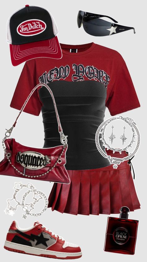 #outfitinspo #outfit #outfitideas #y2k #y2kaesthetic #nyc #citygirl #baddie #streetwear #cute #grunge #style #fashion #fashioninspo #aesthetic #aestheticgirl #red #black #trendy #fyp Black And Red Outfit, Red And Black Outfit, Baddie Streetwear, Streetwear Cute, Red And Black Outfits, Cute Grunge, Outfit Grunge, Black Streetwear, Y2k Outfits