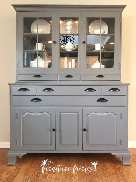 "I'm in love with this mahogany piece. This is probably the single biggest piece we've done to date. It's so versatile and has so much storage... It was painted in General Finishes Driftwood Milk Paint with the back walls of the cabinet a slightly darker General Finishes Queenstown Gray." - The Furniture Fairies Gray Painted Furniture, Master Bed And Bath, Dresser Redo, Wood Stains, General Finishes, Bed And Bath, Master Bedding, Master Bed, Queenstown