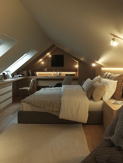 Attic Bedroom Designs - 49 Creative Ideas for Charming Spaces Loft Room Conversion, Roof Space Bedroom, Long Narrow Attic Bedroom, Low Attic Ceiling Ideas, Attic Bedroom Ideas Low Ceiling, Attic Design Ideas Low Ceilings, Tiny Loft Bedroom, Attic Room Ideas Bedrooms, Attic Loft Bedroom Ideas