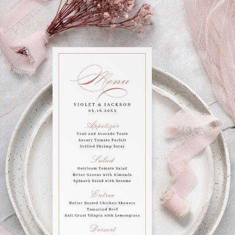 Rose Gold Classic Elegance Script Simple Wedding Menu Elegant Menu Card, Mauve Wedding Invitations, Pink Wedding Stationery, Simple Wedding Menu, Mauve Wedding, Wedding Menu Cards, Menu Card, Wedding Vintage, Wedding Formal