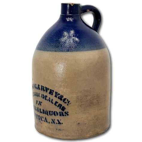 This Really is a Outstanding Example of a Very Rare Late 19th Century Antique American Blue Decorated Stoneware Spirits Jug. Note Also that The Large Solid Blue Decorated Top Portion of the Jug Makes it Quite Unique and Unusual. This LARGE 3 Gallon Size Jug ( Embossed "3" ) Has a Salt Glazed Exterior and it is Rendered in the Classic "Beehive" Form. The front is Hand Stencil Decorated in the "Script" Style - Reads & Advertises "W.H. McGARVEY & Co. - WHOLESALE DEALERS IN WINES & LIQUORS - UTICA N Pickers Antiques, Butter Churns, Antique Crocks, Old Crocks, Glaze Pottery, Churning Butter, Hand Stencil, Prim Decor, Ball Mason Jars