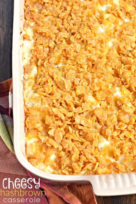 This is a family favorite! Cheesy Hashbrown Casserole in 13x9 with cornflakes Cheesy Hashbrown, Hashbrown Casserole Recipe, Cheesy Hashbrown Casserole, Baked Pork Chops Oven, Frozen Hashbrowns, Cheesy Hashbrowns, Cheesy Potato Casserole, Hashbrown Casserole, Shugary Sweets