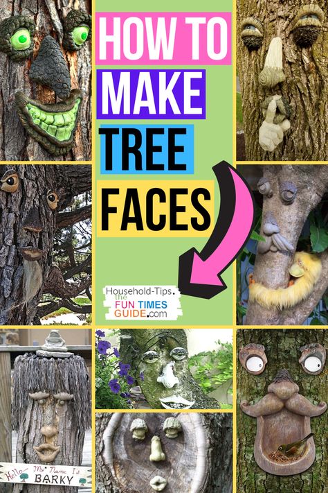 DIY Tree Faces - Wondering how to make tree faces? DIY tree faces are easy! Use these outdoor tree faces as inspiration to create your own tree face art, talking trees, and more! | outdoor tree ideas | fun landscaping ideas | exterior decorating ideas | exterior decor ideas Outside Tree Decor, Diy Tree Face, Clay Tree Faces, Diy Tree Faces, Outdoor Tree Decorating Ideas, Diy Tree Decor Outdoor, Tree Faces Decoration, Tree Faces Diy How To Make, Fairy Tree Houses Diy